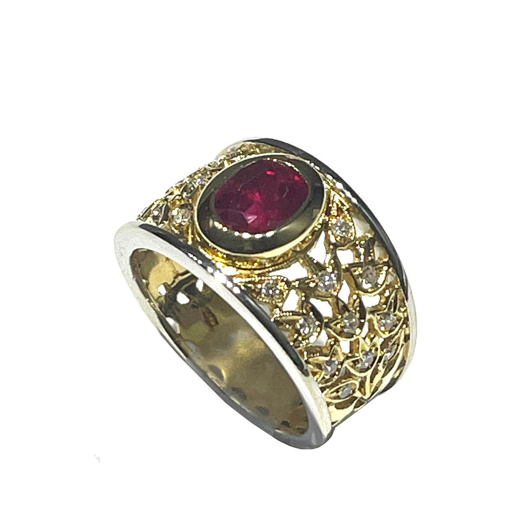 Bague fantaisie Floréal en or jaune 18 carats rubis et diamants