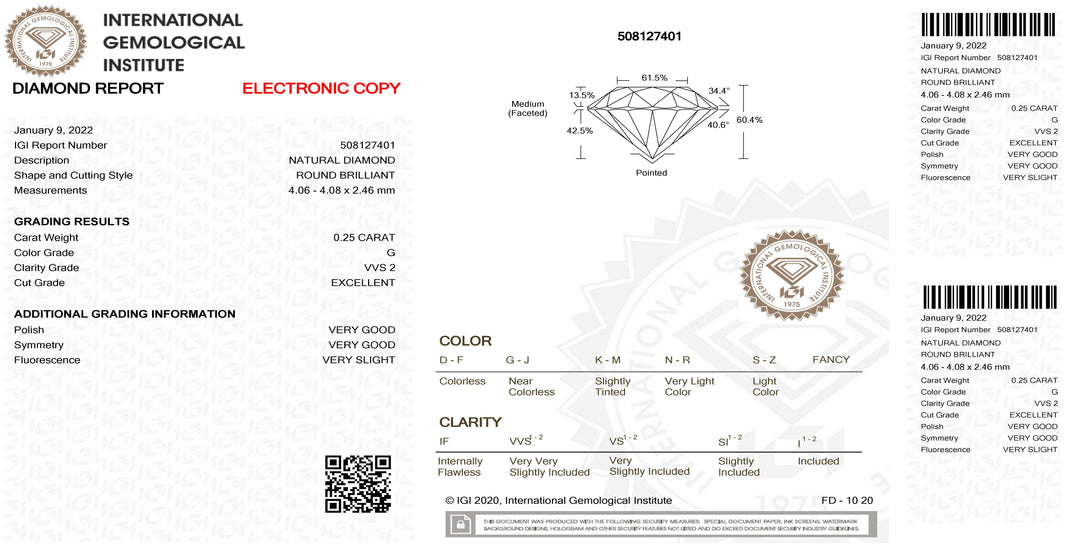 IGI Diamond Blister Certified Brilliant Cut 0.25ct Color G Purity VVS 2