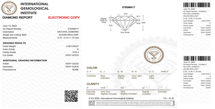 IGI diamant blister certifié brillant coupe 0.08ct couleur G pureté VVS 2