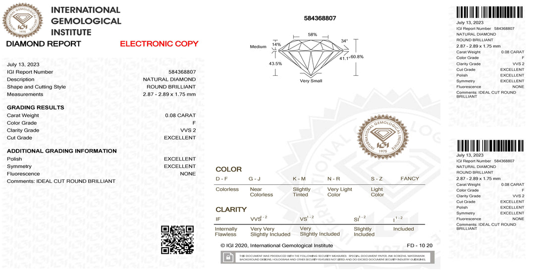 IGI Diamond Blister Certified Brilliant Cut 0.08ct Color F Purity VVS 2