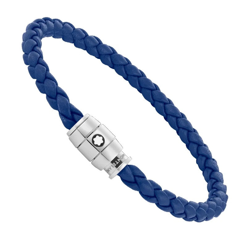 Montblanc bracciale in acciaio con chiusura a 3 anelli e pelle blu misura L 13090068