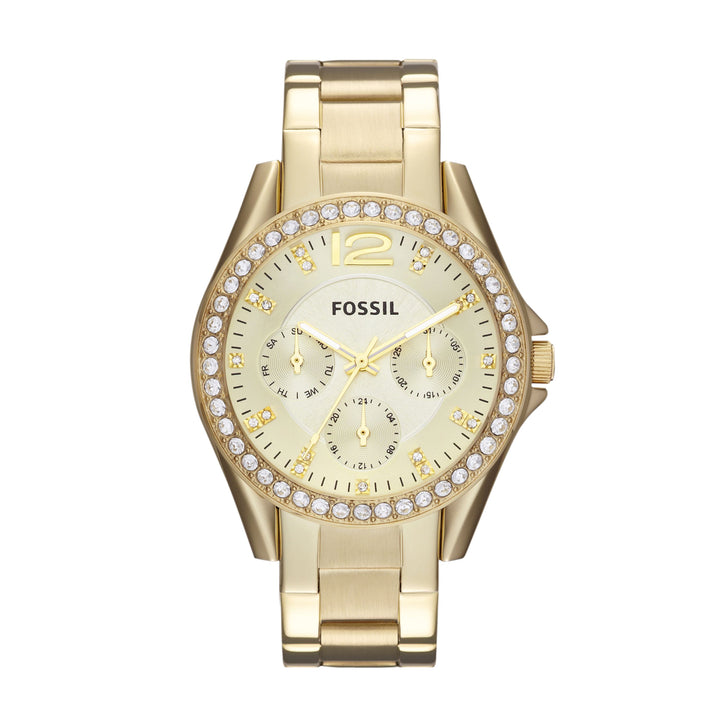 Fossil watch Riley 38mm champagne quartz steel finish PVD yellow gold ES3203