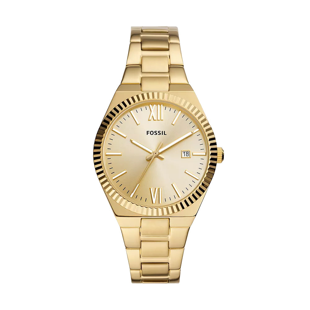 Fossil Scarlette Watch 38mm Champagner Quarz Stahl Finish PVD Gold ES5299