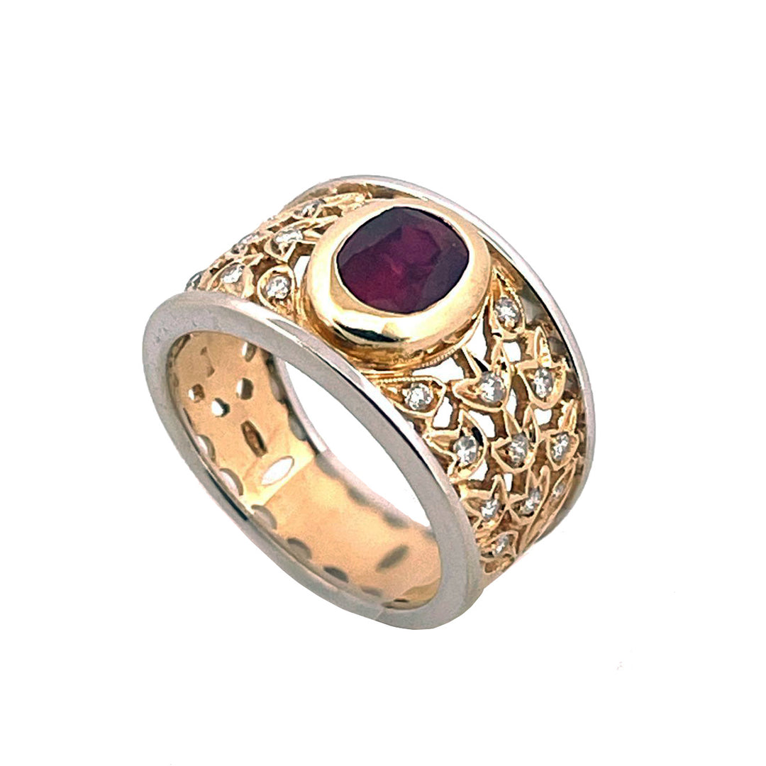 Bague fantaisie Floréal en or jaune 18 carats rubis et diamants