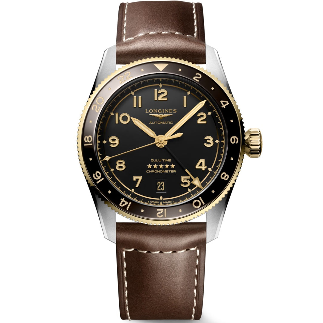 Longines Watch Spirit Zulu Zeit 39 mm schwarzer automatischer Stahl und gial gelb 18KT L3.802.5.53.2
