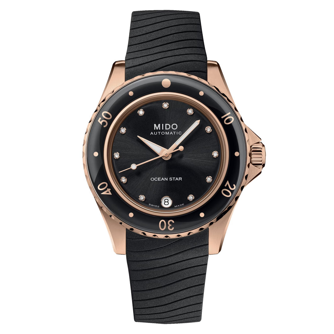 Mido watch Ocean Star Lady 36.5mm black automatic steel PVD rose gold finish M026.207.37.056.00