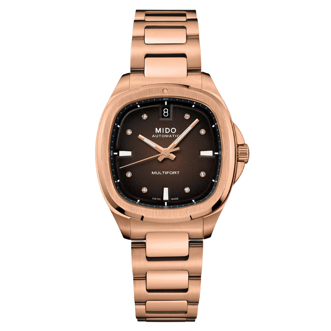 MIDO Multioft TV 35mm Brown TV Automatische Diamonds Stahl Finish PVD Gold Rosa M049.307.33.296.00