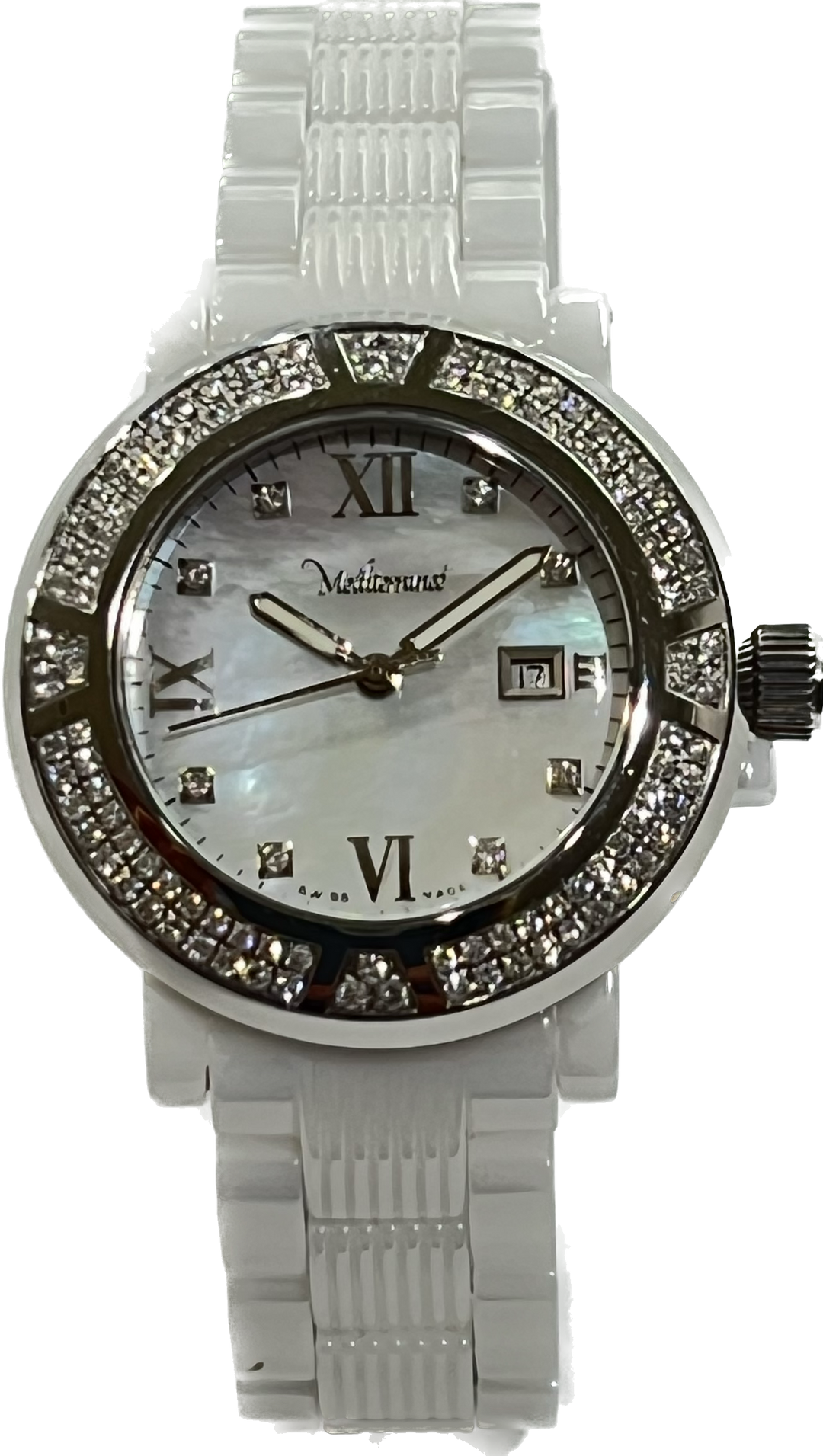 Paul Picot orologio  Mediterranee' 36mm bianco quarzo acciaio ceramica diamanti 3296 WD116