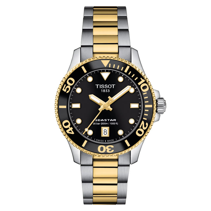 Tissot Seastar 1000 36mm Watch Black Quartz Steel Pvd finishes Yellow Gold T120.210.22.051.00