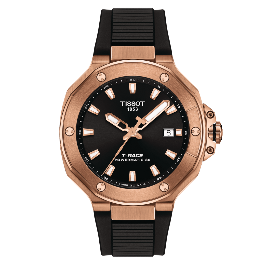 Montre Tissot T-Race Powermatic 80 41mm noir automatique en acier finition PVD or rose T141.807.37.051.00