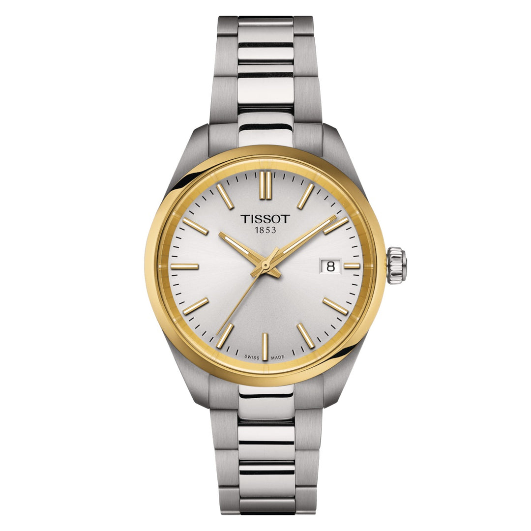 Tissot orologio PR 100 34mm argento quarzo acciaio finiture PVD oro giallo T150.210.21.031.00