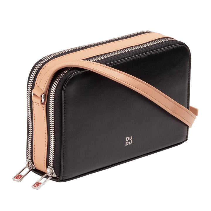 DUDU Women's Small Leather Crossbody Bag Double Zipper Wallet Multipocket Handbag