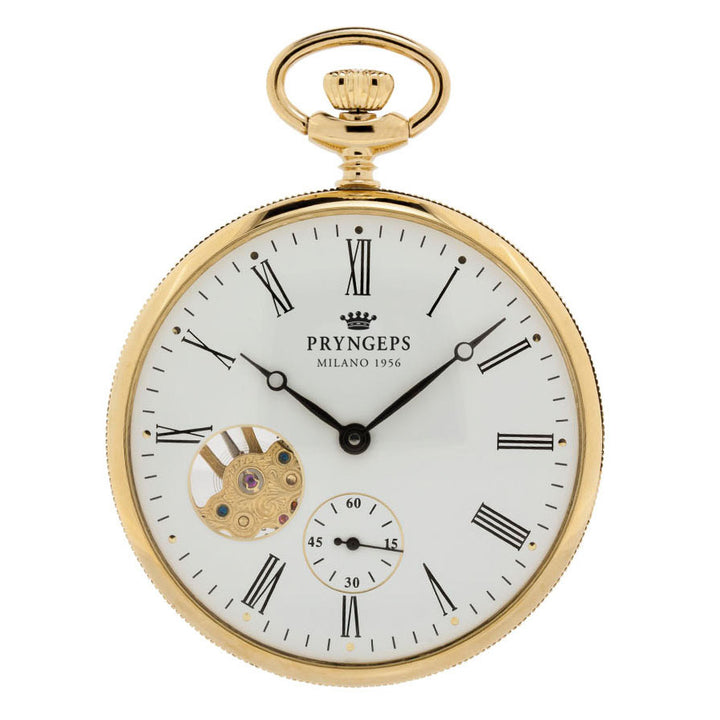 Pryngeps Classic pocket watch 50mm white manual winding steel PVD yellow gold finish T065-L