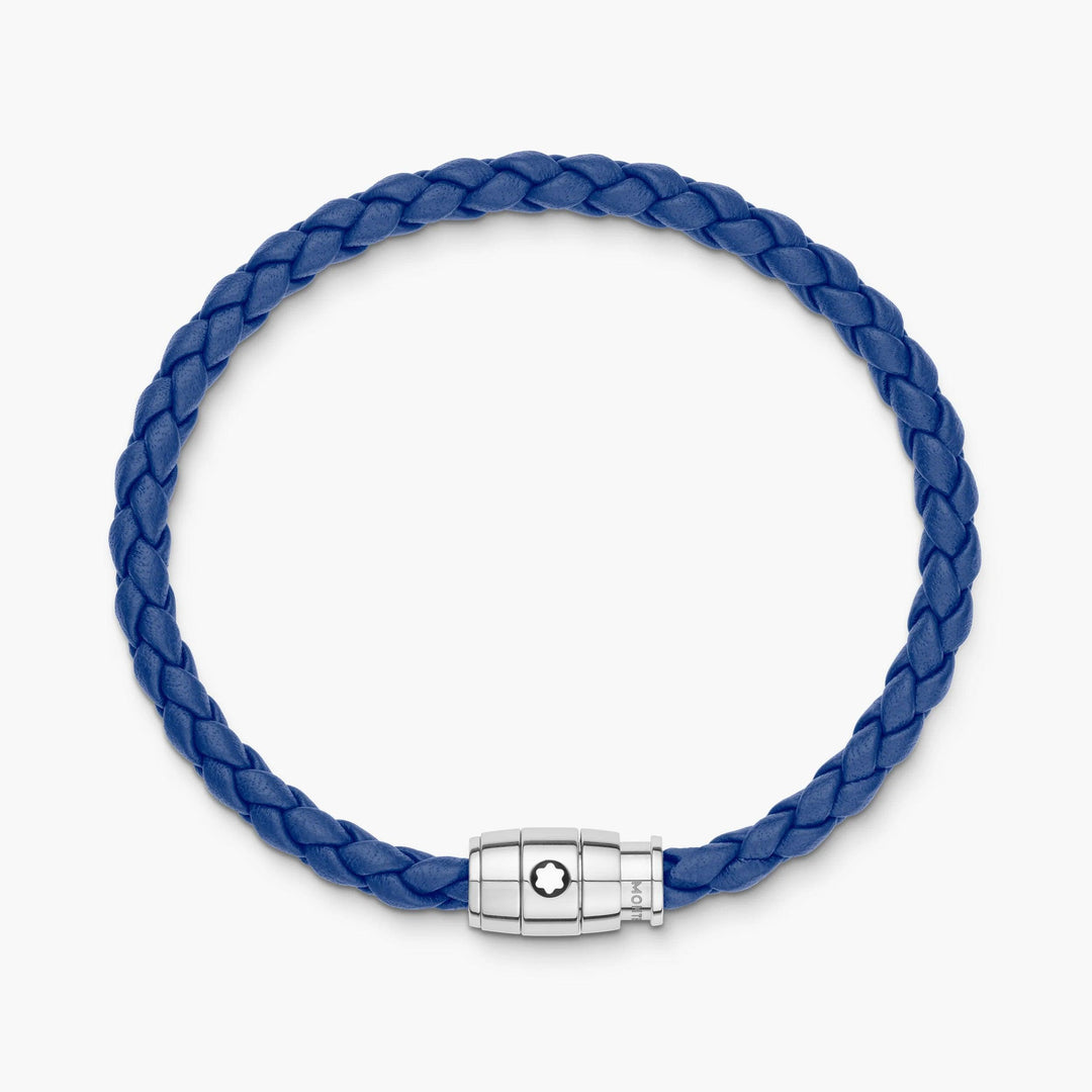 Montblanc bracciale in acciaio con chiusura a 3 anelli e pelle blu misura L 13090068 - Capodagli 1937