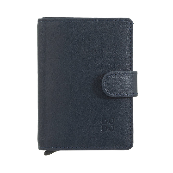 DUDU Men's Card Wallet in Leather RFID Protection, Small Mini Wallet with Aluminium Card Protector, Banknote Holder and Button Closure