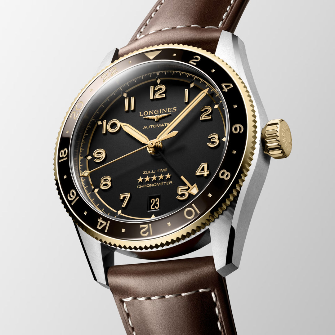 Longines Watch Spirit Zulu Time 39 mm de acero automático negro y amarillo gial 18kt L3.802.5.53.2