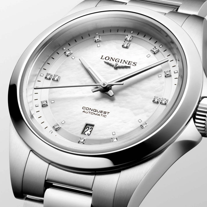 Longines orologio Conquest 30mm madreperla diamanti automatico acciaio L3.320.4.87.6