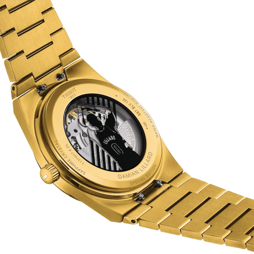 TISSOT Clock PRX OKMITIC 80 Damian Lillard Special Edition 40 mm schwarzer automatischer Stahl Finish PVD Gold T137.407.33.051.00