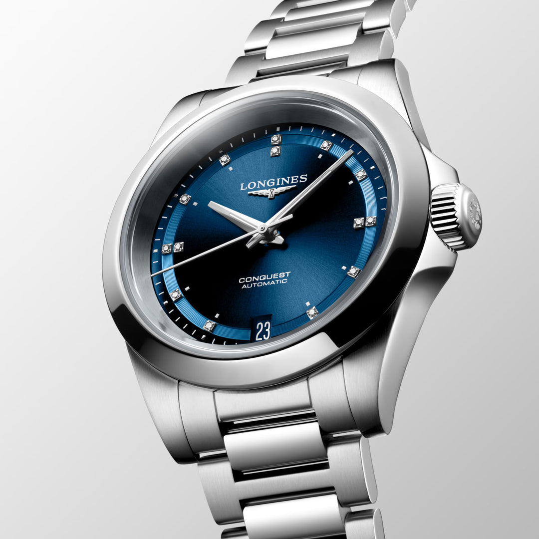 Longines orologio New Conquest 34mm blu automatico acciaio L3.430.4.97.6