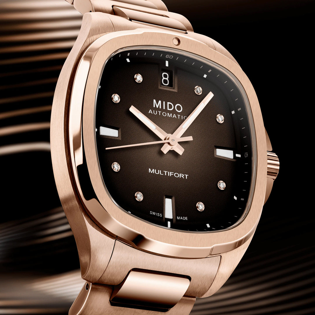 MIDO Multioft TV 35mm Brown TV Automatische Diamonds Stahl Finish PVD Gold Rosa M049.307.33.296.00