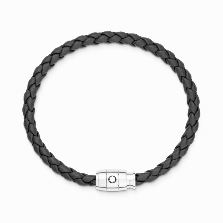 Montblanc Braid Black Leather Bracelet 3 Ring Clasp Size M 13089663