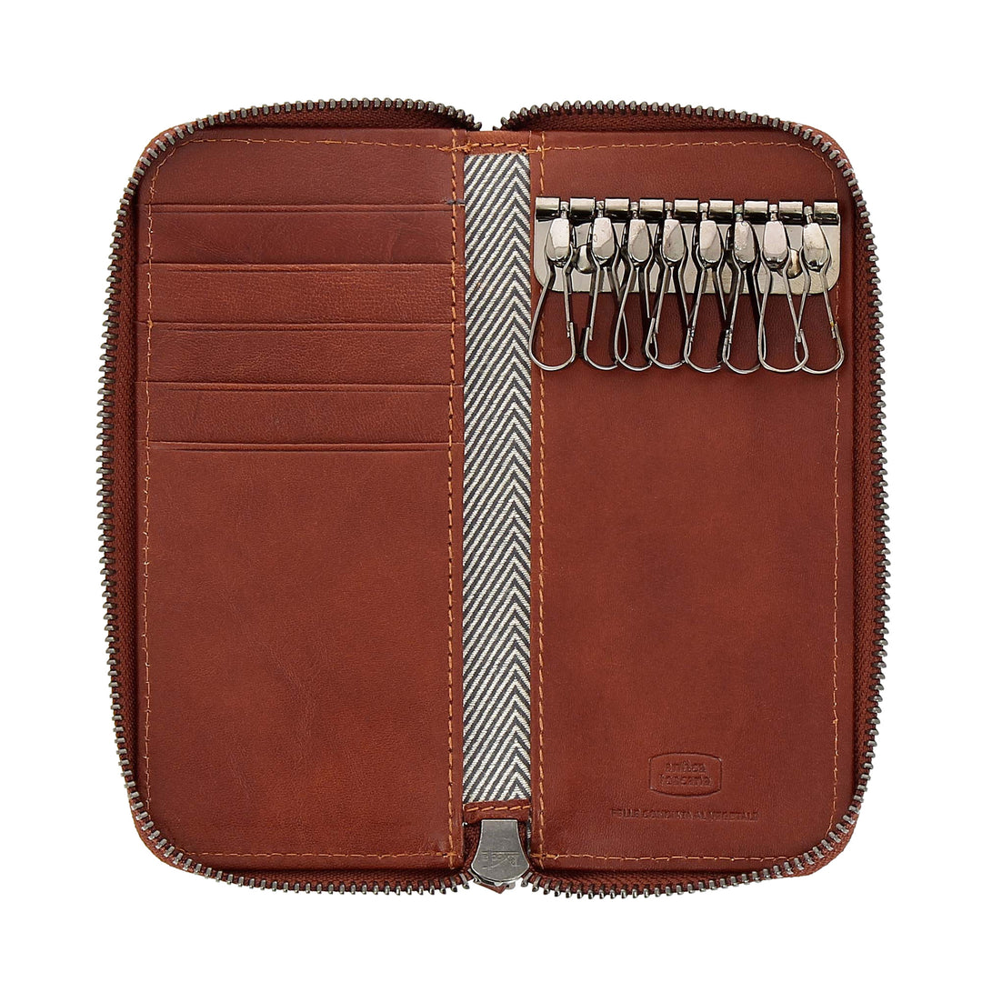 Porte-clés en cuir véritable antique Toscane 8 crochets avec fermeture à glissière et 5 poches Porte-cartes de crédit
