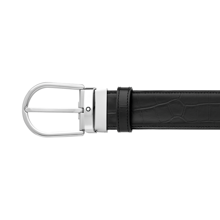 Montblanc 35 mm Gürtel reversibler Hufeisenschnalle Glattes schwarzes Leder und bedruckt 130016