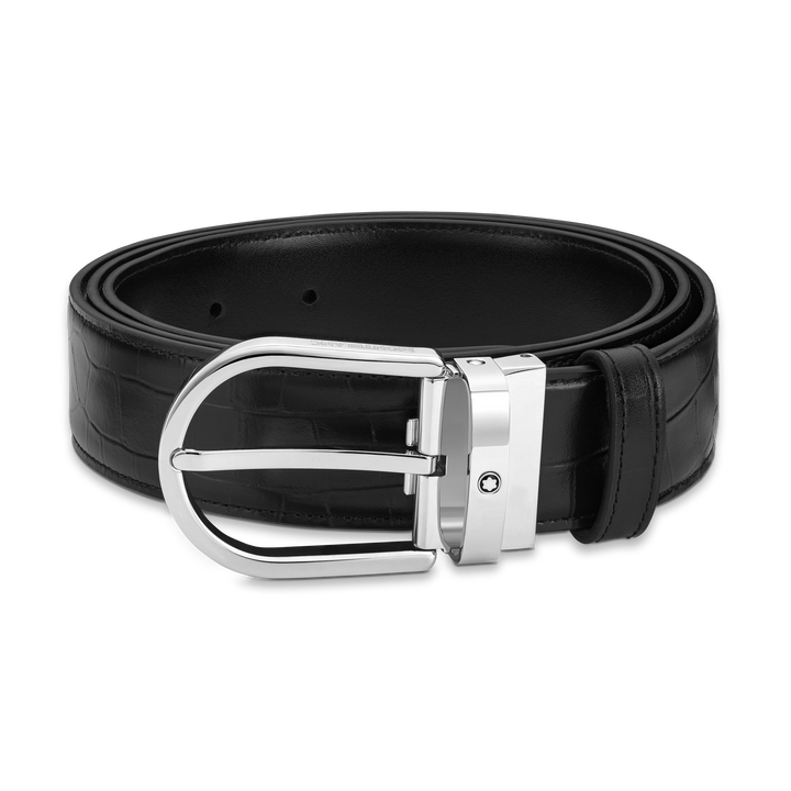 Montblanc belt 35mm buckle reversible horseshoe black leather smooth and printed 130016