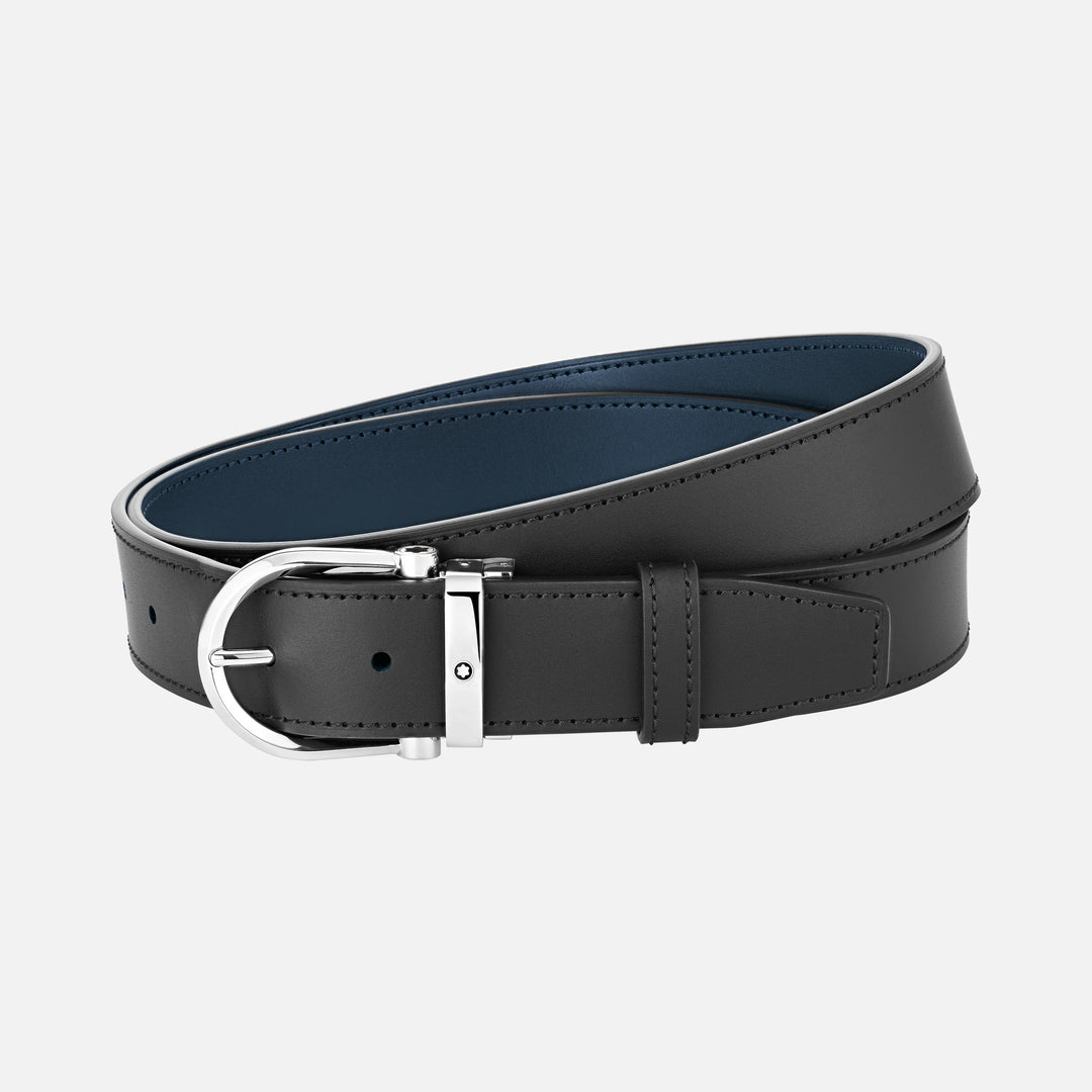 Montblanc belt 35mm with black/blue leather horseshoe buckle reversible size adjustable 128784