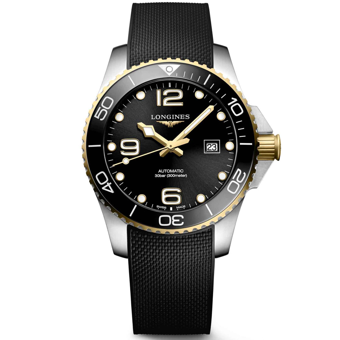 Longines watch HydroConquest 43mm black automatic steel finish PVD yellow gold L3.782.3.56.9