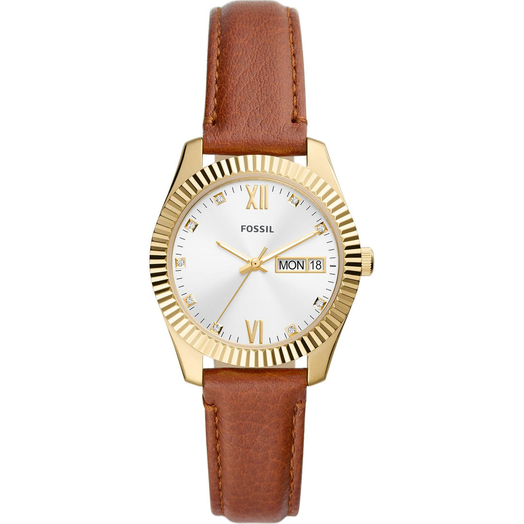 Reloj Fosssil Scarlette 32mm plata cuarzo acero acabado PVD oro amarillo ES5184