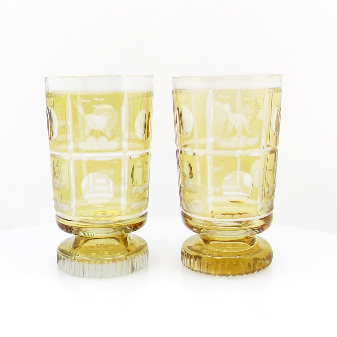 Coppia bicchieri in vetro ambra stile Biedermeier molato e inciso a mano A-S2429-H - Gioielleria Capodagli