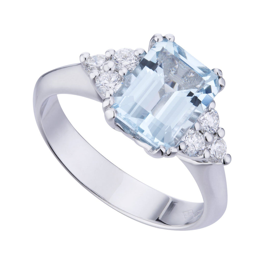 Golay octagonal aquamarine ring and diamonds