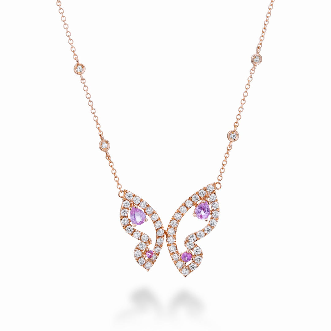 Kleiner Schmetterlingsanhänger mit Saphiren Pink und Diamanten