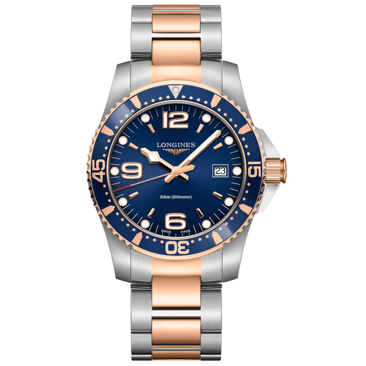 Longines watch HydroConquest 41mm blue quartz steel finish PVD rose gold L3.740.3.98.7