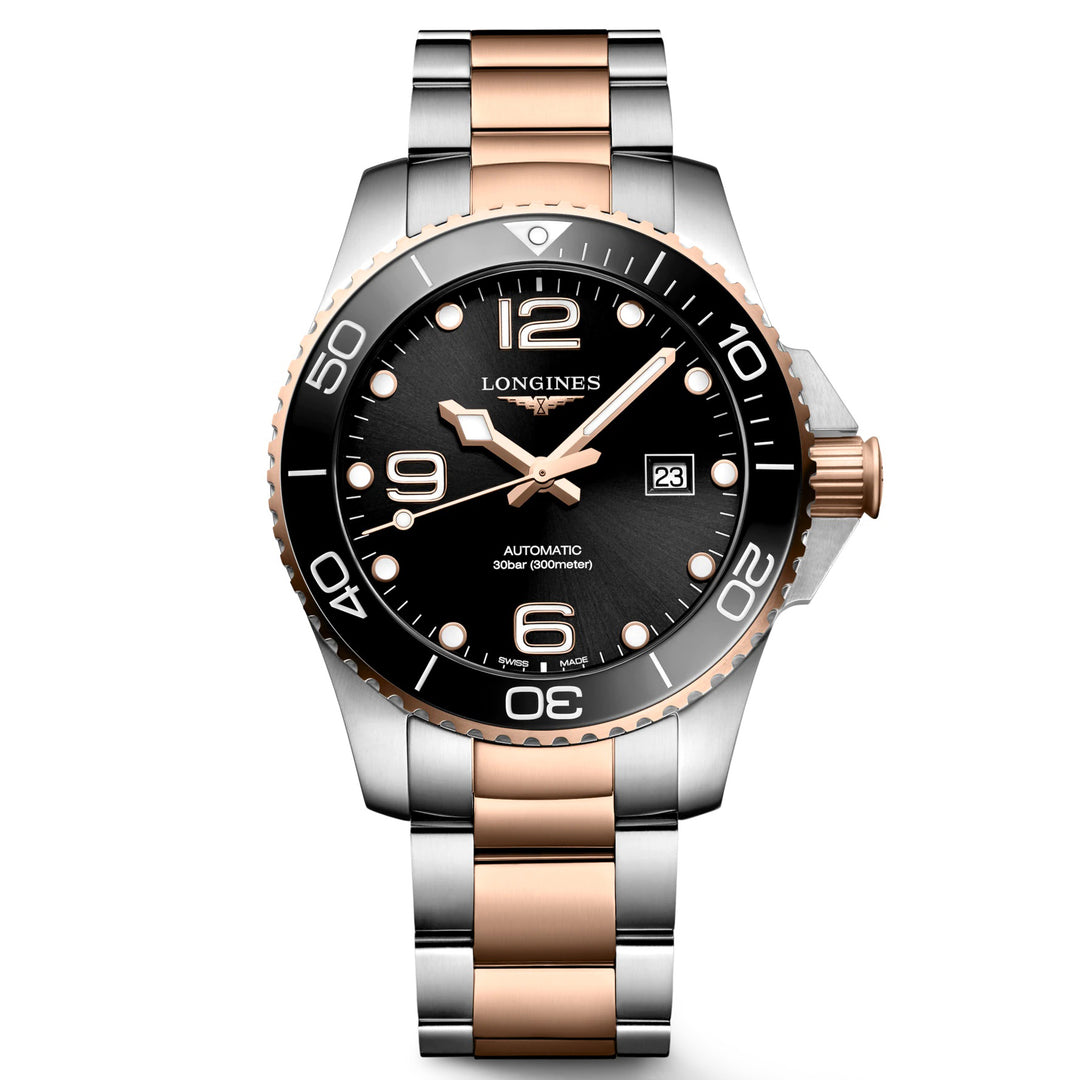 Longines watch HydroConquest 43mm black automatic steel finishes PVD rose gold L3.782.3.58.7
