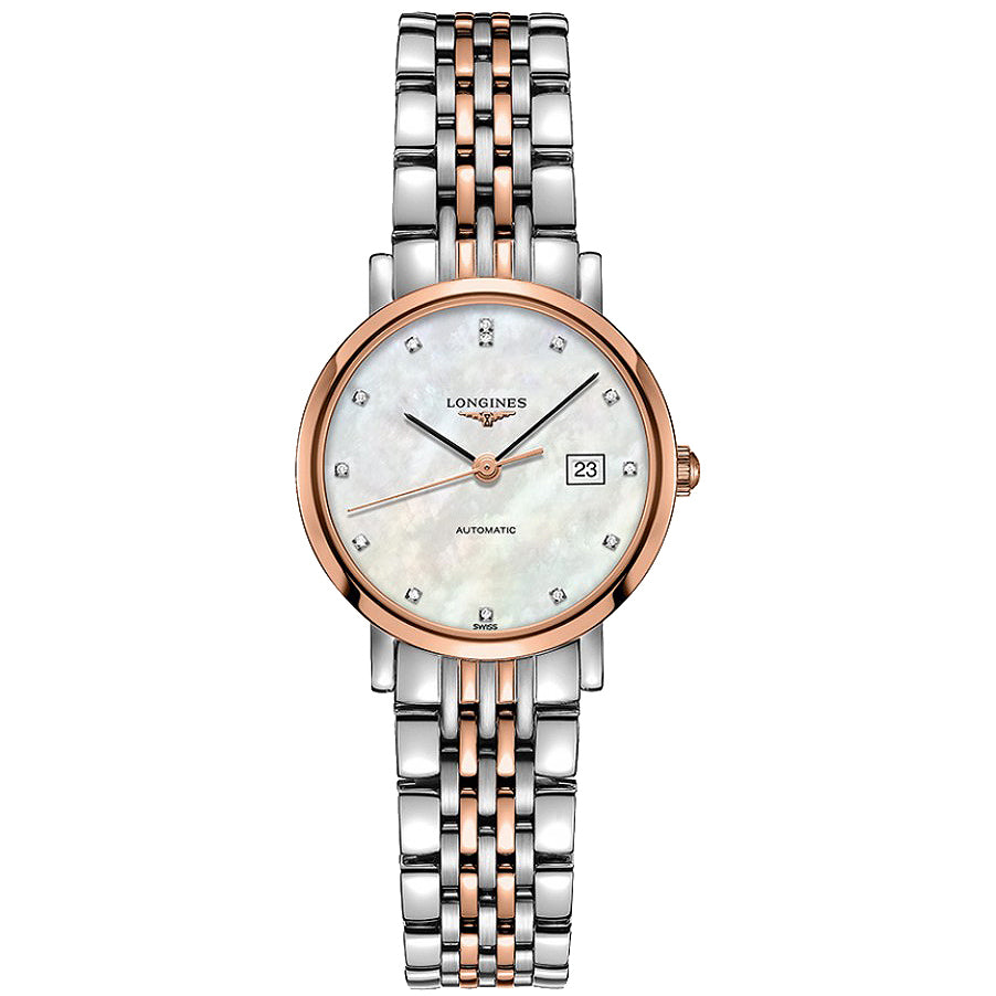 Longines Watch Elegant Collection 29mm Mother of Pearl Brilliant Automatic Steel Finishes Rose Gold L4.310.5.87.7