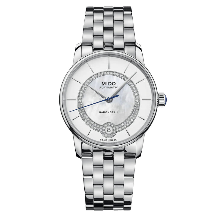 Mido watch Baroncelli Lady Necklace 33mm mother of pearl diamonds automatic steel M037.807.111.031.00