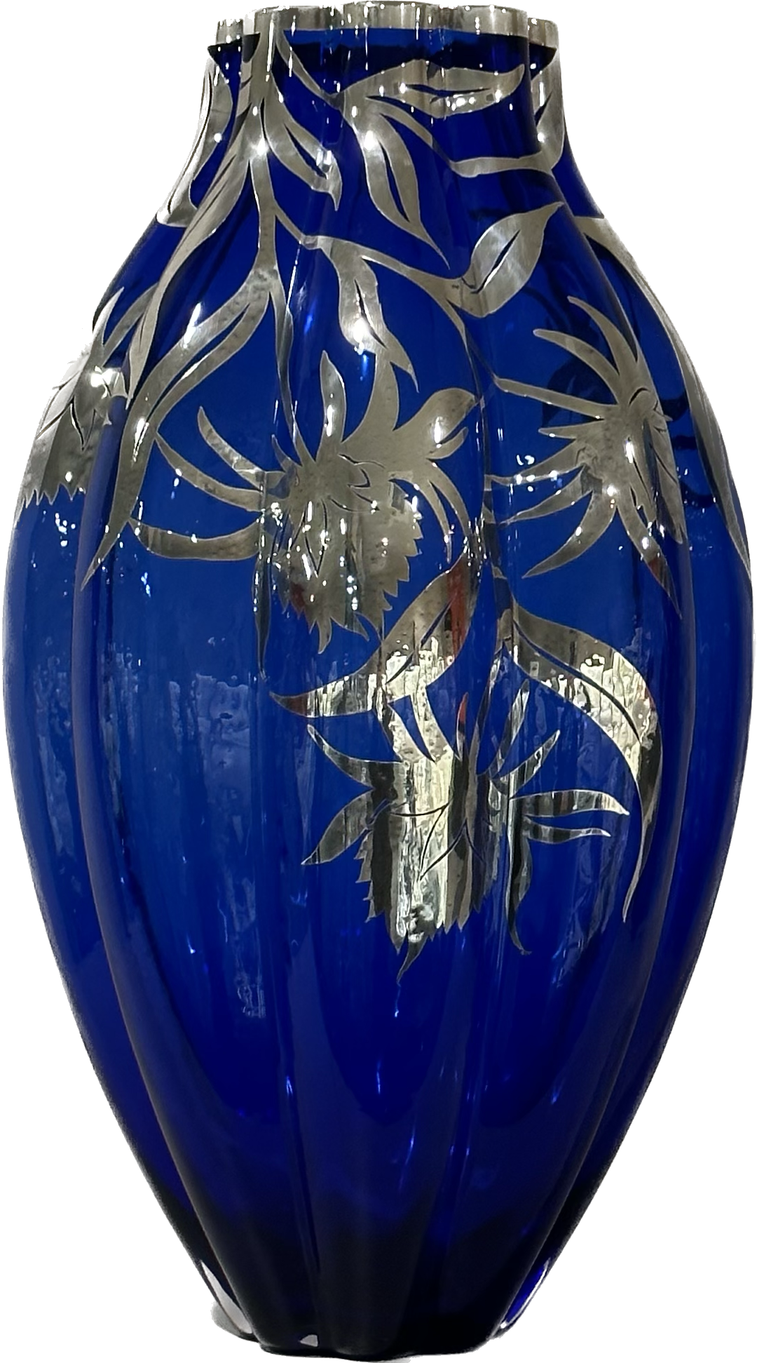 Argenterie d'art vase en verre soufflé bleu décor argenté Fleurs_Bleu