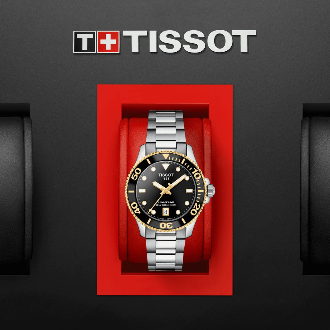Tisssot watch Seastar 1000 36mm black quartz steel finish PVD yellow gold T120.210.21.051.00