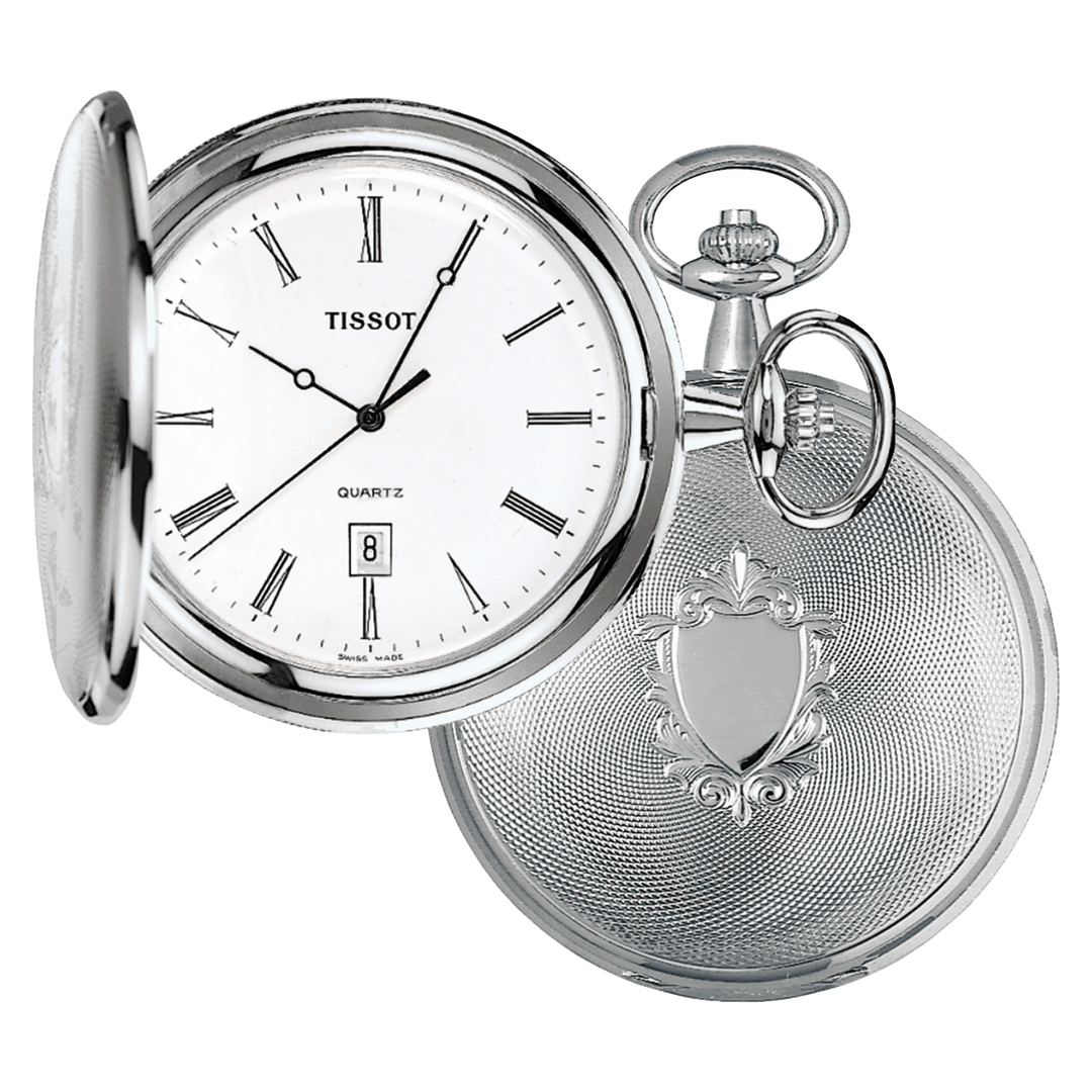 Tissot orologio da tasca Savonette T-Pocket 50mm quarzo ottone finitura palladio T83.6.508.13 - Gioielleria Capodagli