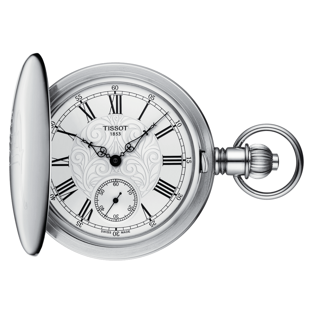 Tissot orologio da tasca Savonette Mechanical 52mm argento carica manuale ottone con finitura in palladio T864.405.99.033.00 - Gioielleria Capodagli