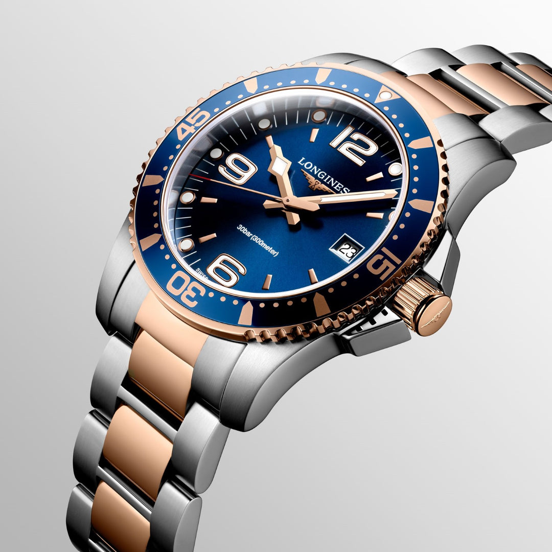 Longines watch HydroConquest 41mm blue quartz steel finish PVD rose gold L3.740.3.98.7