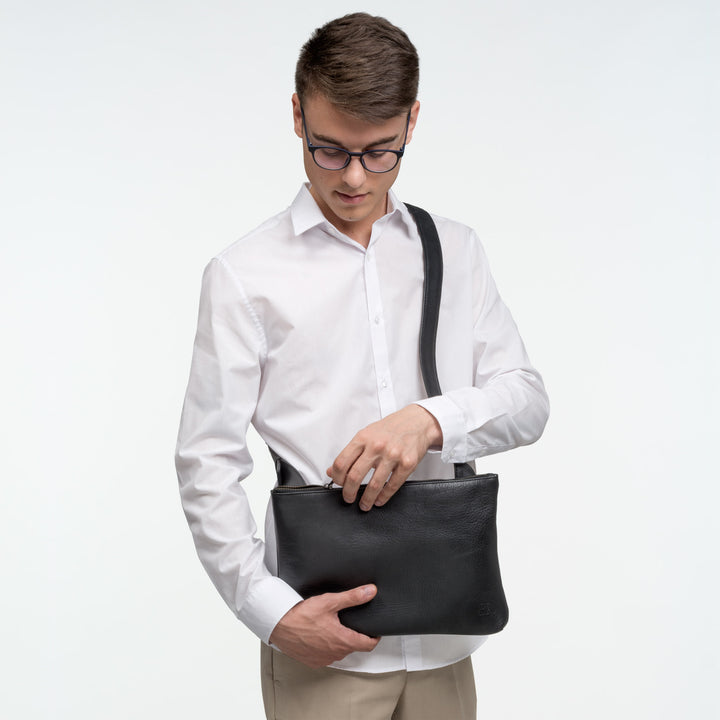 DUDU Men's Slim Adjustable Shoulder Bag Women's Soft Leather Flat Design with Zipper Closure