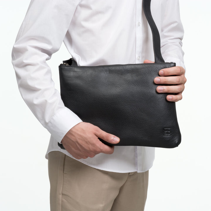 DUDU Men's Slim Adjustable Shoulder Bag Women's Soft Leather Flat Design with Zipper Closure