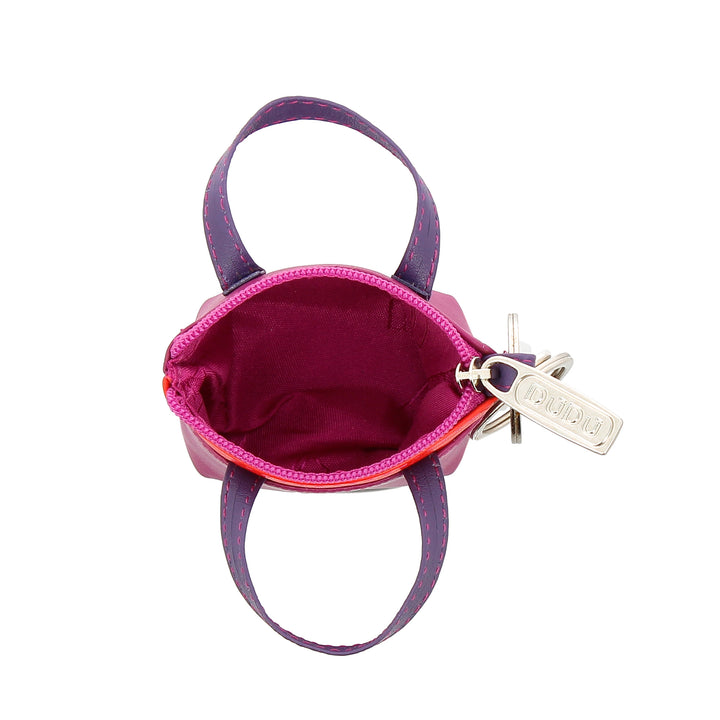 DUDU Colored leather coin purse with zip 2 rings and carabiner