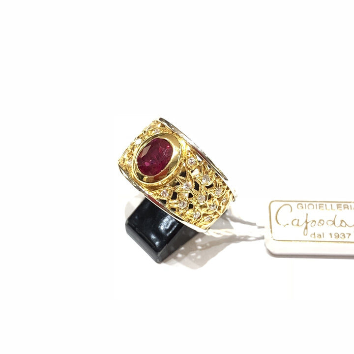 Capodagli anello fascia Fantasia Floreale oro giallo e giallo 18kt rubino e diamanti - Gioielleria Capodagli