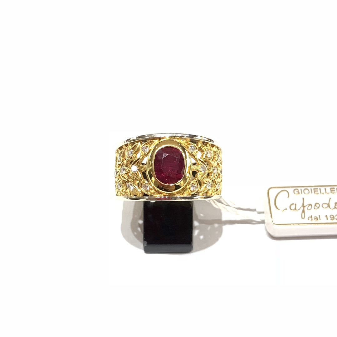 Capodagli anello fascia Fantasia Floreale oro giallo e giallo 18kt rubino e diamanti - Gioielleria Capodagli