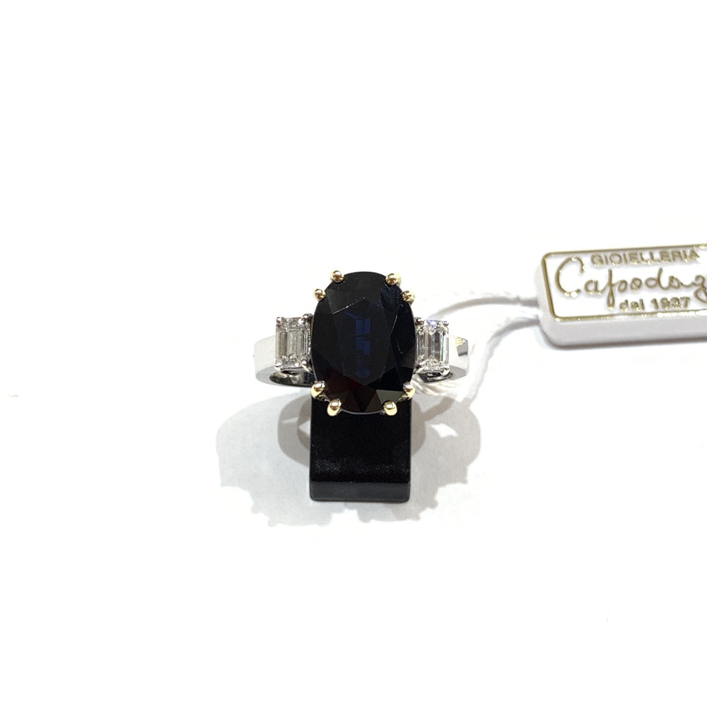 Capodagli anello oro bianco 18kt Zaffiro 5,05ct Diamanti taglio Baguette - Gioielleria Capodagli