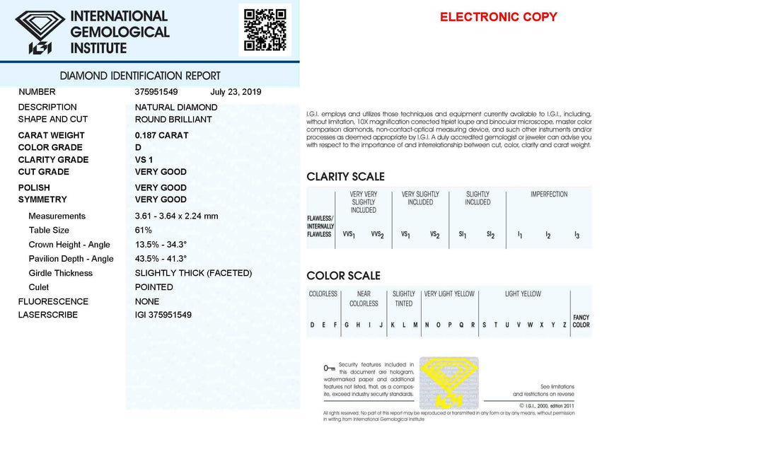 IGI diamante in blister certificato taglio brillante 0,187ct colore D purezza VS 1 - Capodagli 1937